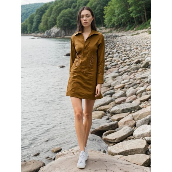 A.L.C. Rust Brown Cotton Long-Sleeve Dress Lace-Up Detailing/ Button Closure   2 - Picture 1 of 6